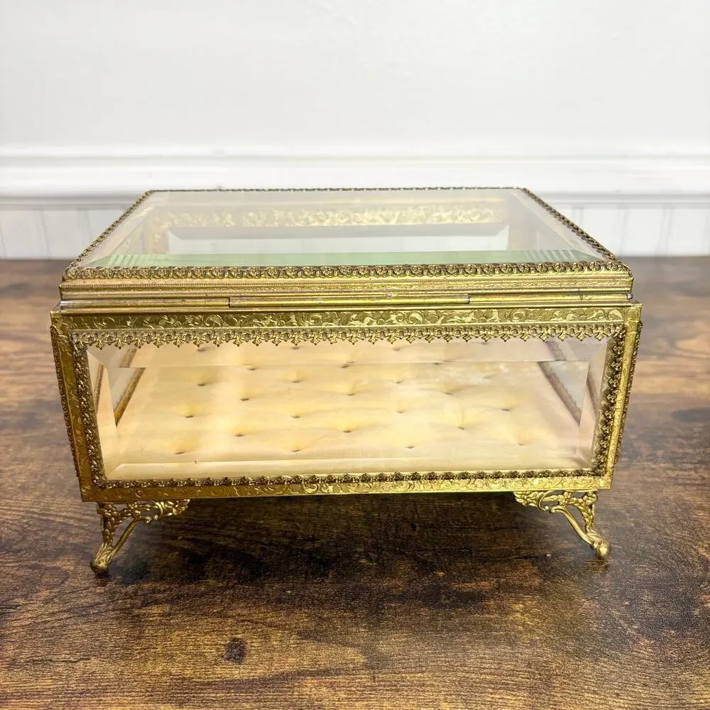 Vintage French‎ Jewelry Box Footed Casket Ormulu Filigree Beveled Glass Regency